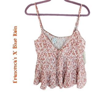 Francesca's X Blue Rain Rust Beige Floral Cropped Baby Doll Top Sz L Adj Straps